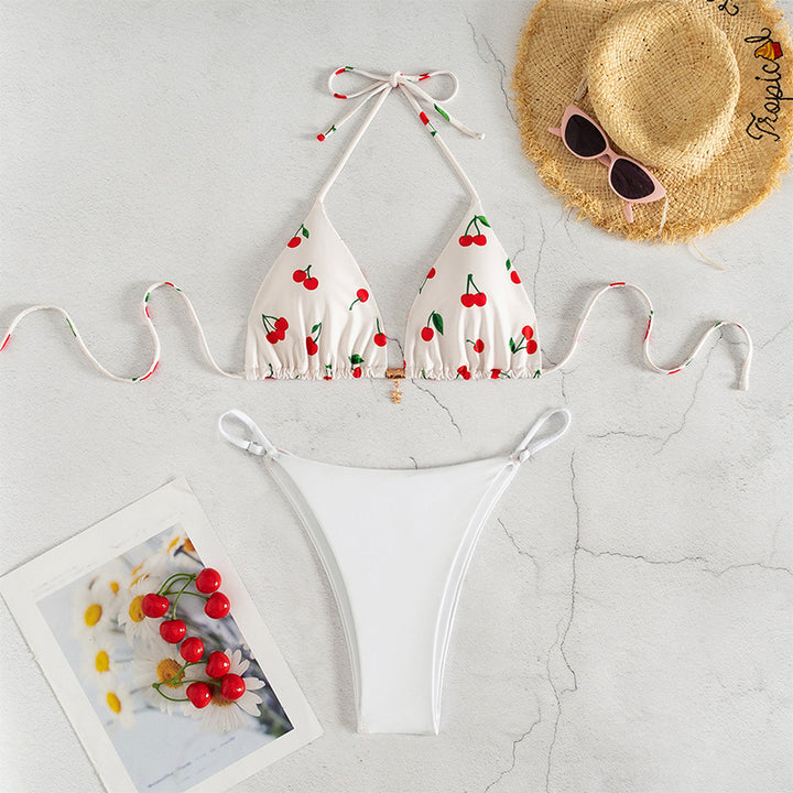Damen Triangel-Bikini mit fröhlichem Kirschmuster und verstellbarem Schnitt Drune