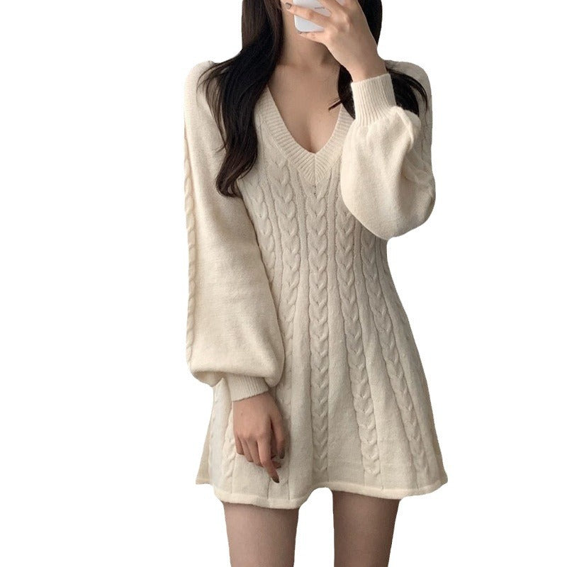 Damen Strickkleid mit V-Ausschnitt und langen Puffärmeln Drune