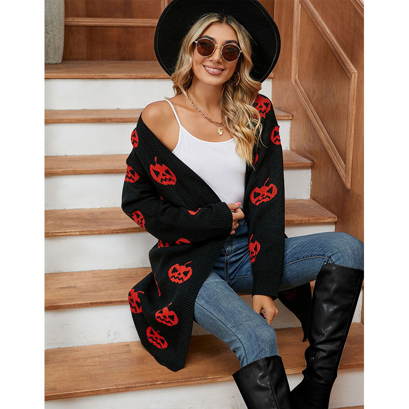 Damen Strickjacke mit Halloween-Motiv Drune