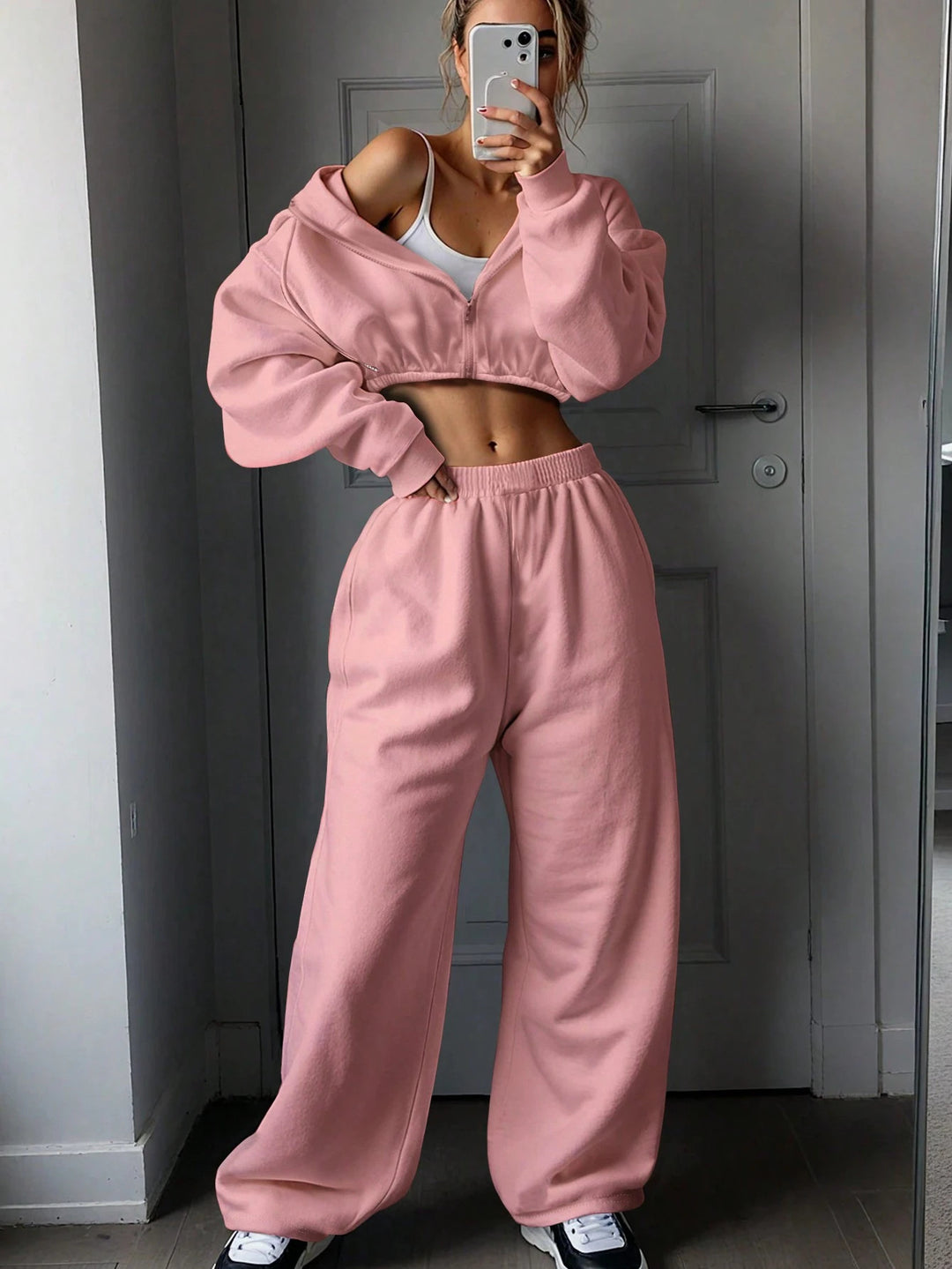 Damen nan kurzes Zip-Hoodie Cropped Sweatshirt mit Kordelzug, angesetzten Ballonärmeln und elastischem Saum Drune