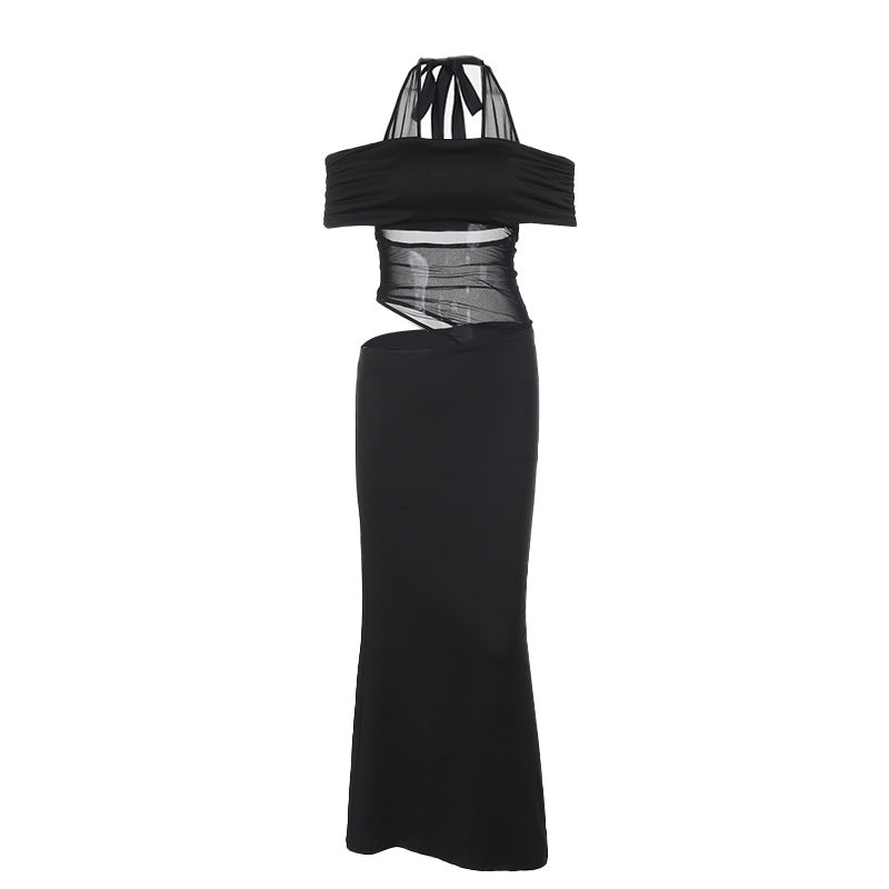 Damen Cocktailkleid mit schulterfreiem Design und raffiniertem Netz-Einsatz Drune