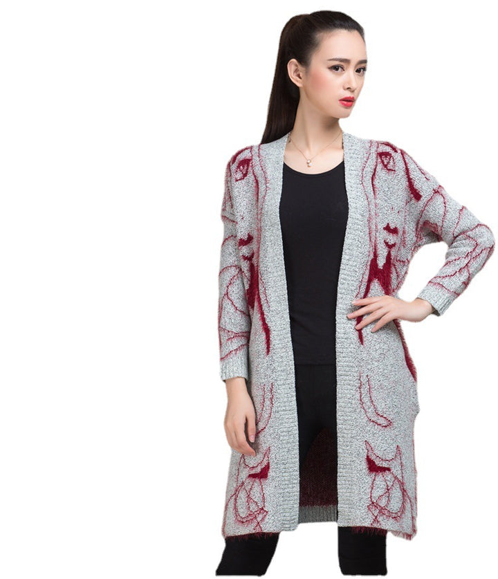 Damen Strickmantel mit einzigartigem Kunstmotiv und offenem Design Drune