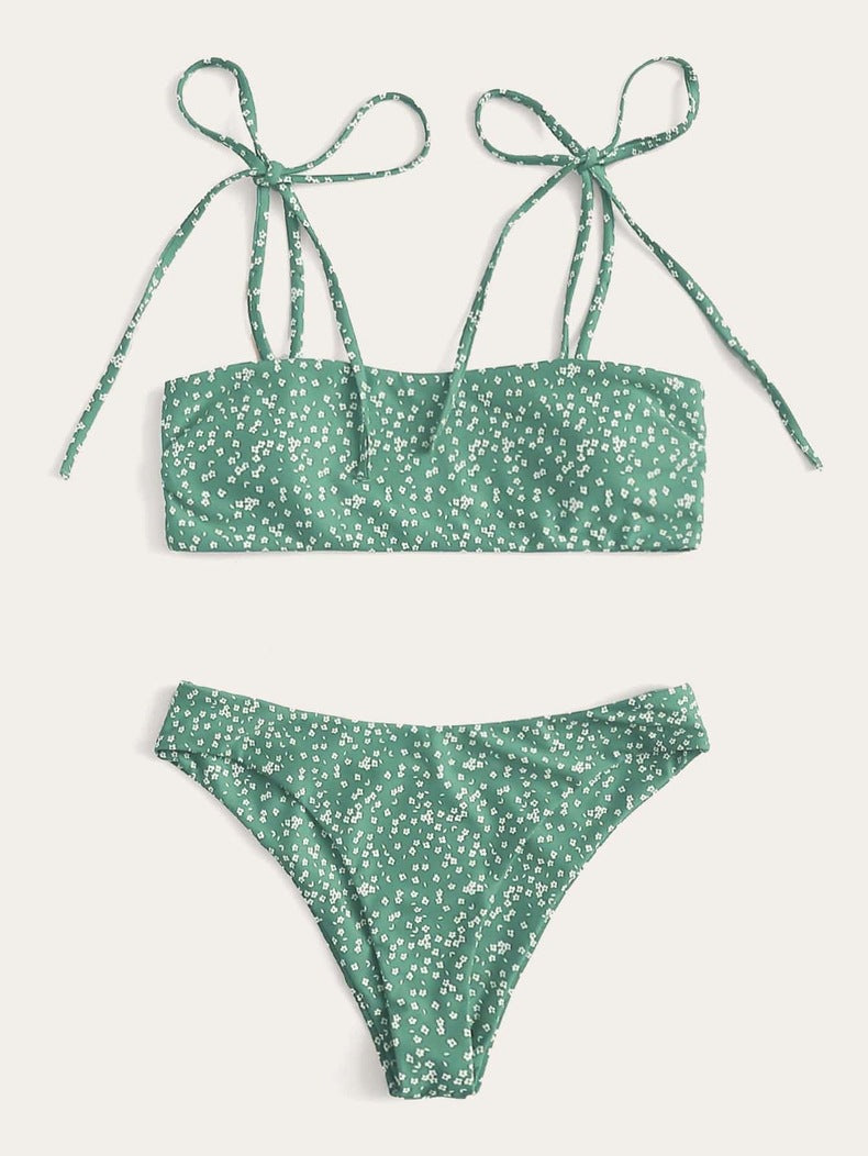 Damen Bandeau-Bikini-Set mit trendigen Schleifen und floralem Muster Drune