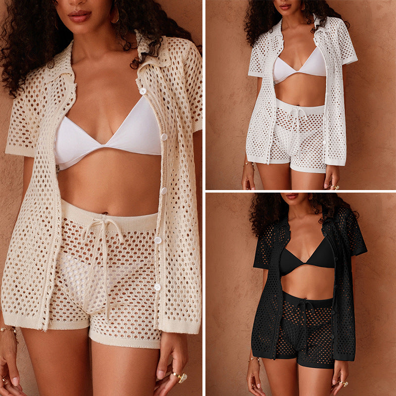 Damen luftiges Häkel-Set mit knöpfbarem Shirt und Shorts Drune