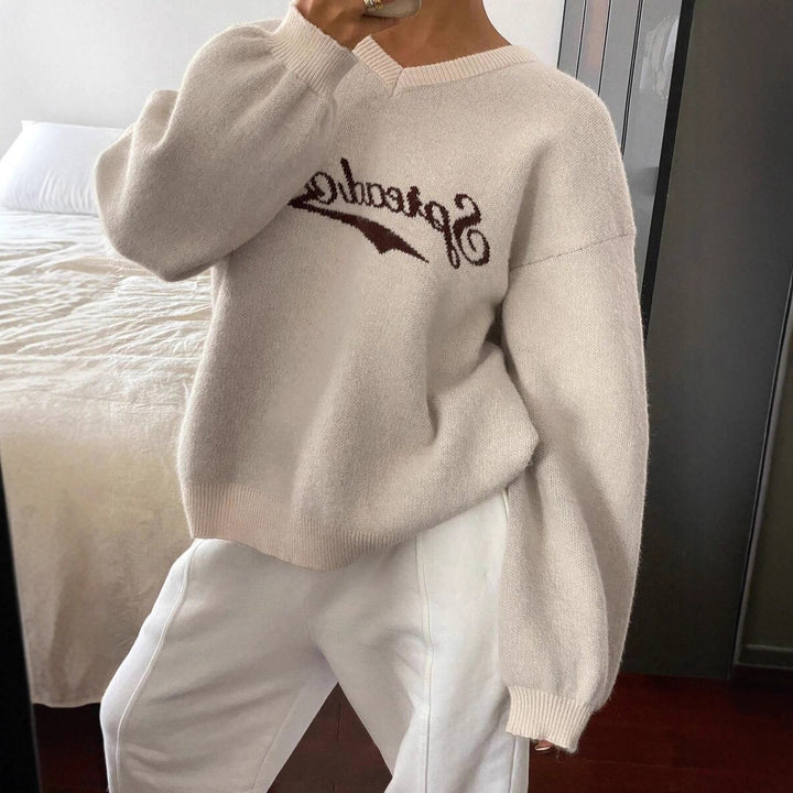Damen Strickpullover mit modernem V-Ausschnitt und voluminösen Ärmeln Drune