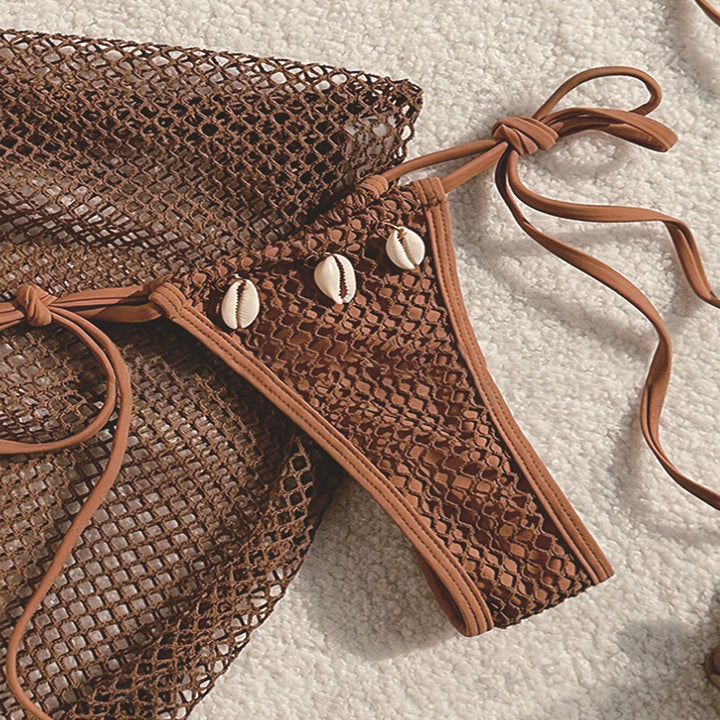 Damen Netz-Bikini-Set mit dekorativem Überwurf und verstellbaren Trägern Drune