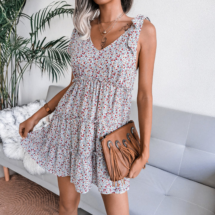 Damen luftiges V-Ausschnitt Sommerkleid mit Rüschendetails Drune