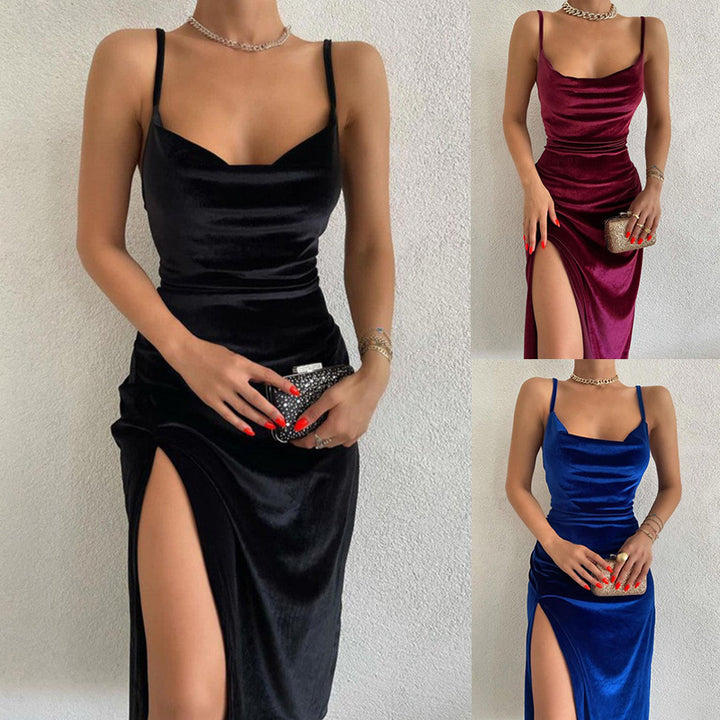 Damen hochwertiges Abendkleid mit Spaghettiträgern und seitlichem Schlitz Drune