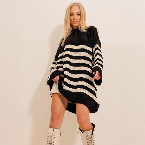 Damen lässiger Strickpullover mit gestreiftem Design und überschnittenen Schultern Drune