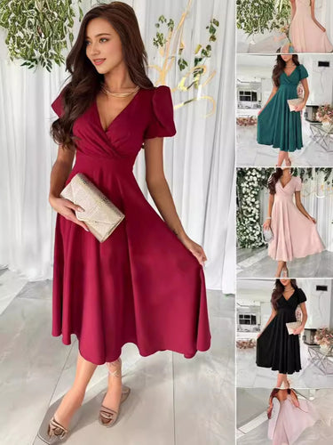 Damen elegantes Wickelkleid mit bezaubernden Puffärmeln Drune