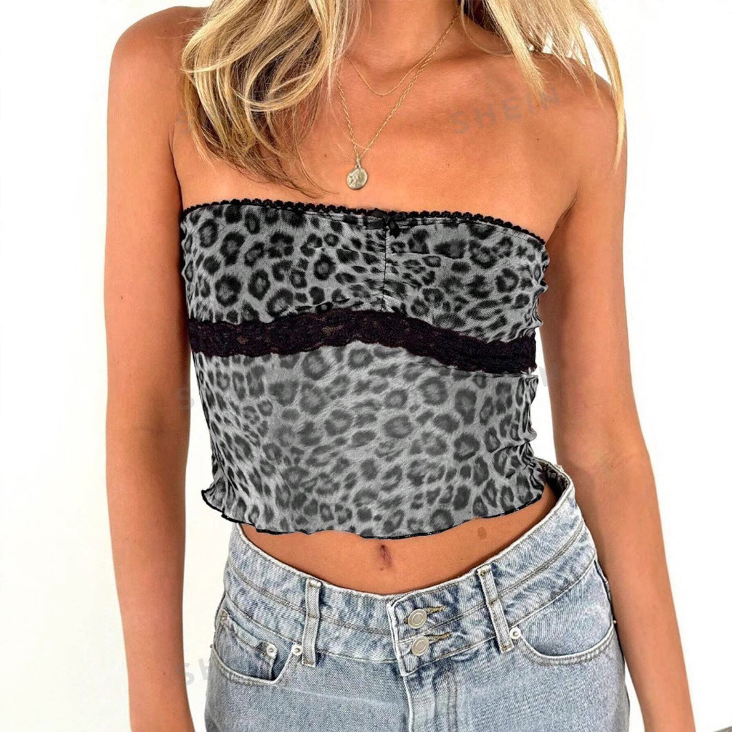 Damen Bandeau-Top mit trendigem Leopardenmuster und zarter Spitzenkante Drune