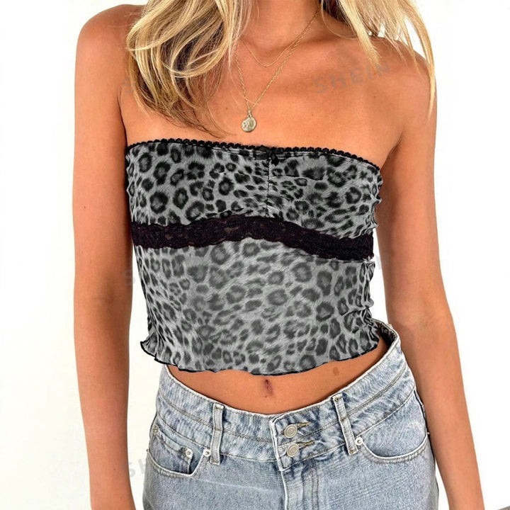 Damen Bandeau-Top mit trendigem Leopardenmuster und zarter Spitzenkante Drune