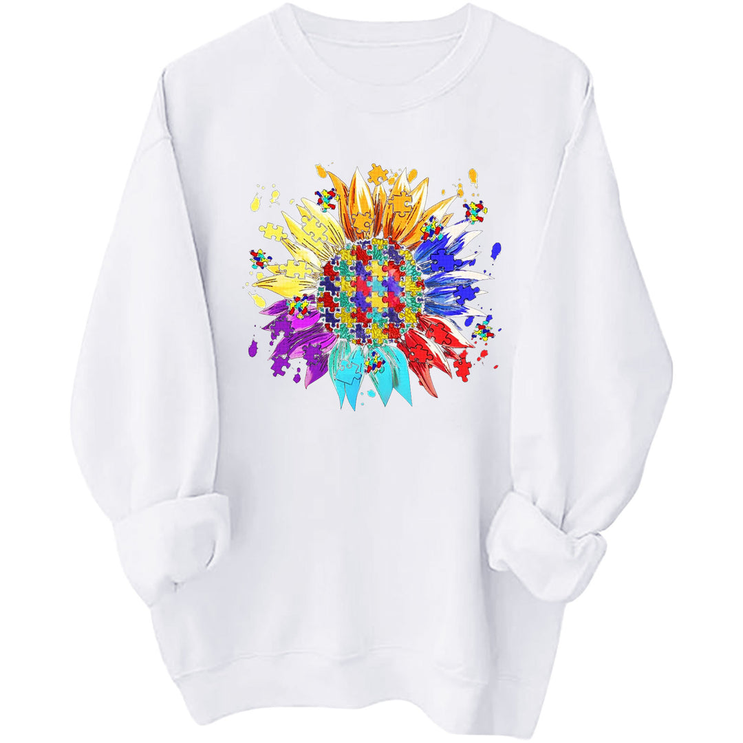Damen Sweatshirt mit kreativem Puzzle-Blumenmotiv und bequemer Passform Drune