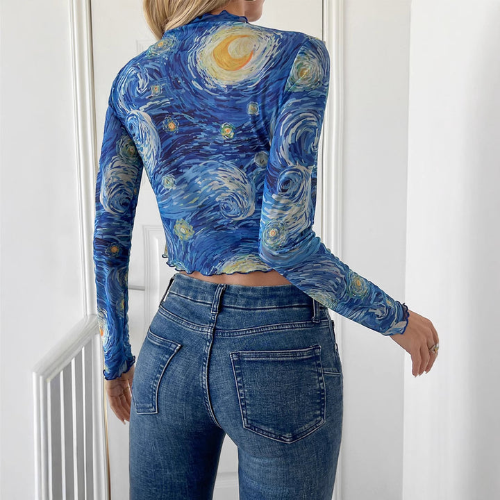 Damen nan eng anliegendes bauchfreies Netzshirt mit Stehkragen und welligem Saum Drune