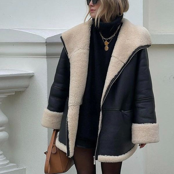 Damen gesteppte Kunstlederjacke mit warmem Innenfutter und elegantem Revers Drune