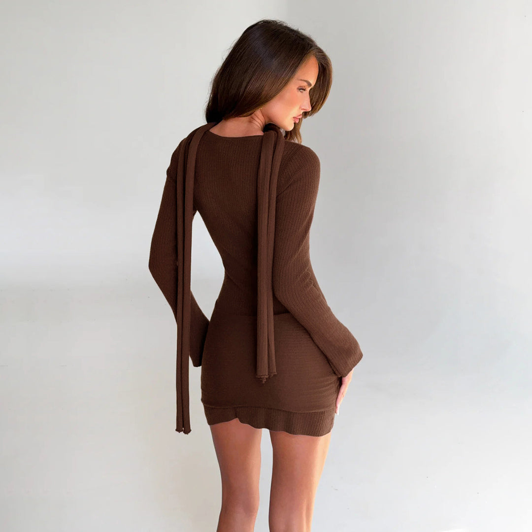 Damen nan figurbetontes Rippenstrick-Minikleid mit Knotendetail, integrierter Schlaufe und Halstuch Drune