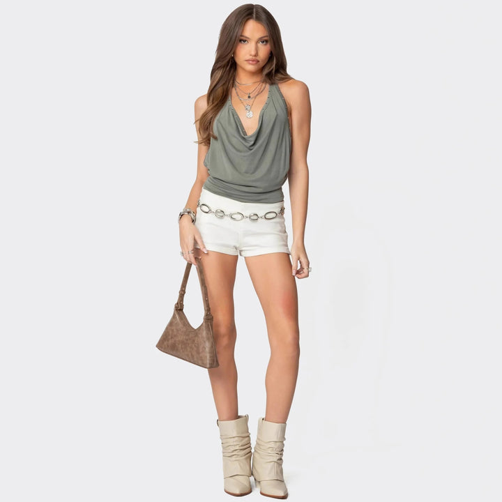 Damen Halter-Top mit elegantem Wasserfallausschnitt und dezentem Glitzerdetail Drune