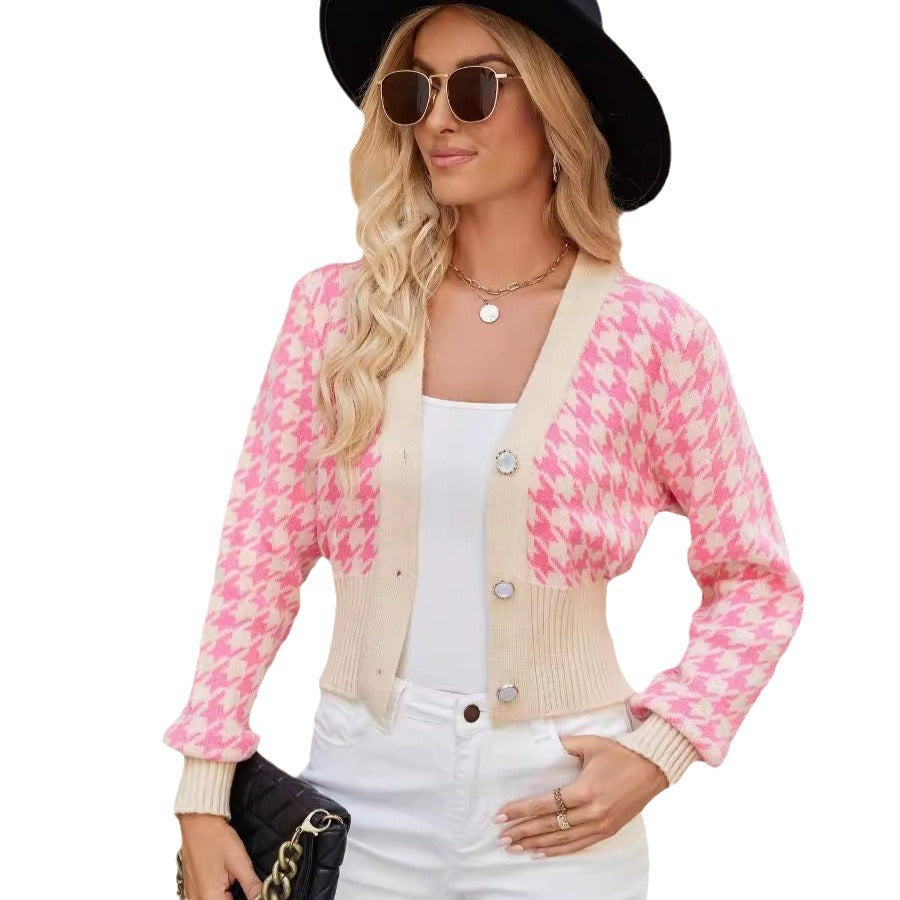 Damen Modischer Strickcardigan mit argyle Muster und perlenbesetzten Knöpfen Drune