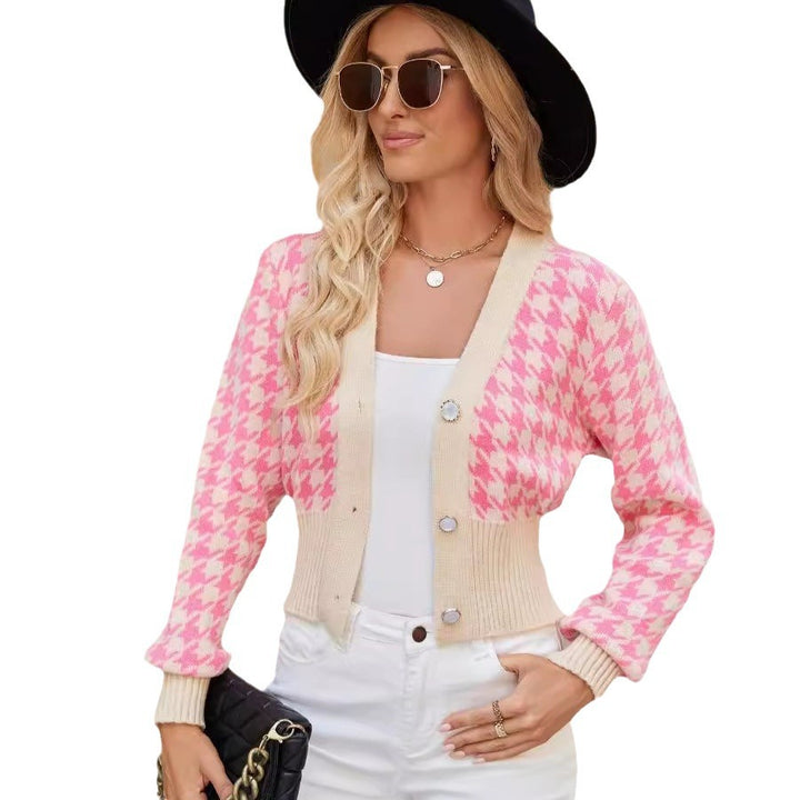 Damen Modischer Strickcardigan mit argyle Muster und perlenbesetzten Knöpfen Drune