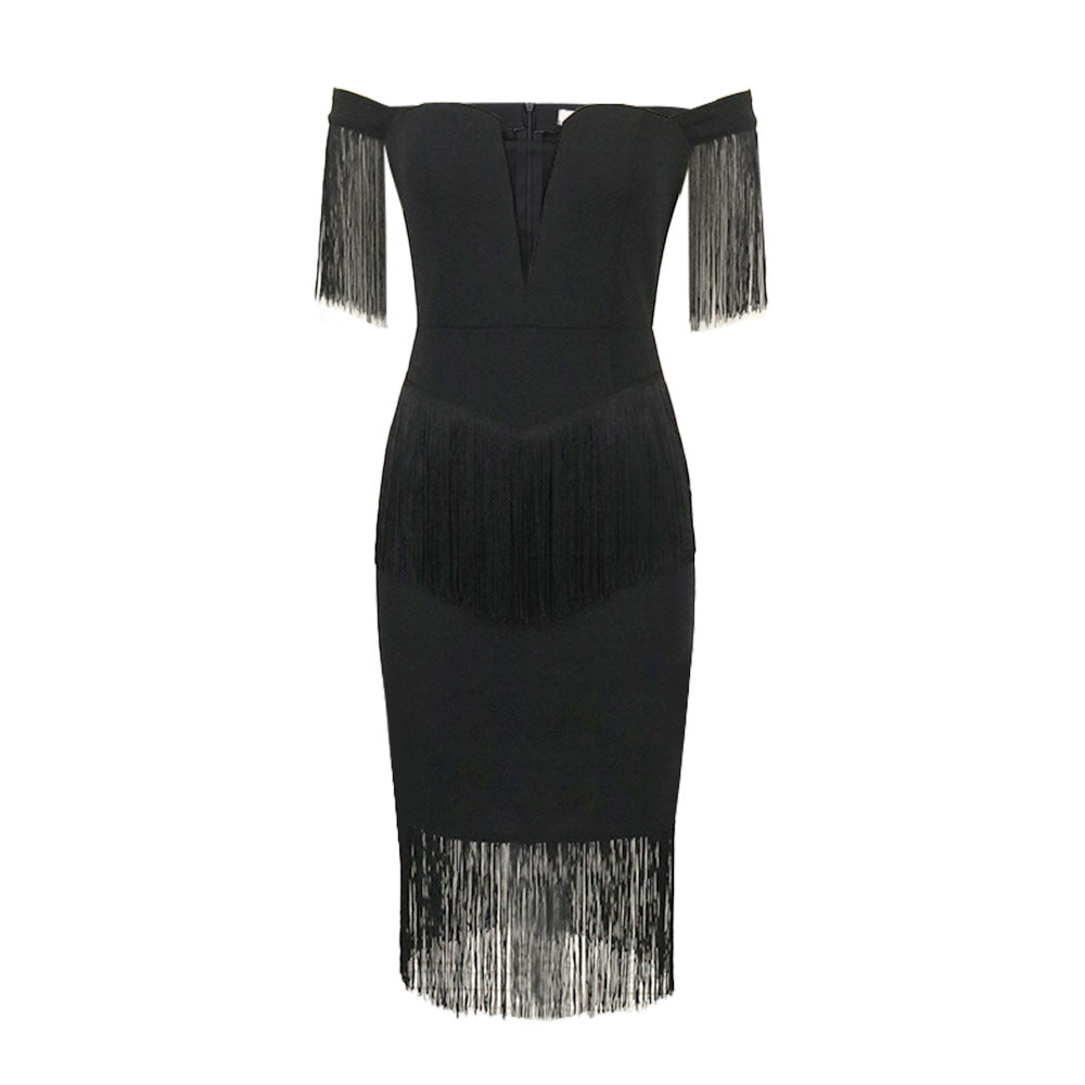 Damen elegantes Cocktailkleid mit Off-Shoulder Design und fransigen Ärmeln Drune