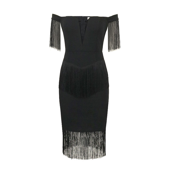 Damen elegantes Cocktailkleid mit Off-Shoulder Design und fransigen Ärmeln Drune