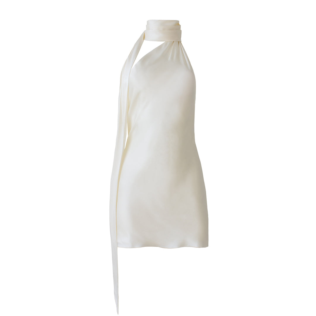 Damen Elegantes Satin Minikleid mit Halterneck und fließendem Schal Drune