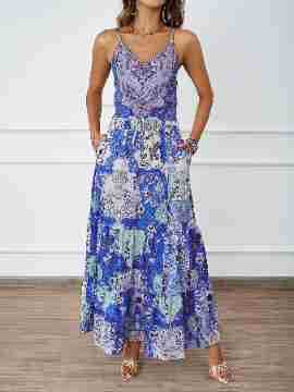 Damen Maxikleid mit floralem Design und seitlichen Taschen Drune
