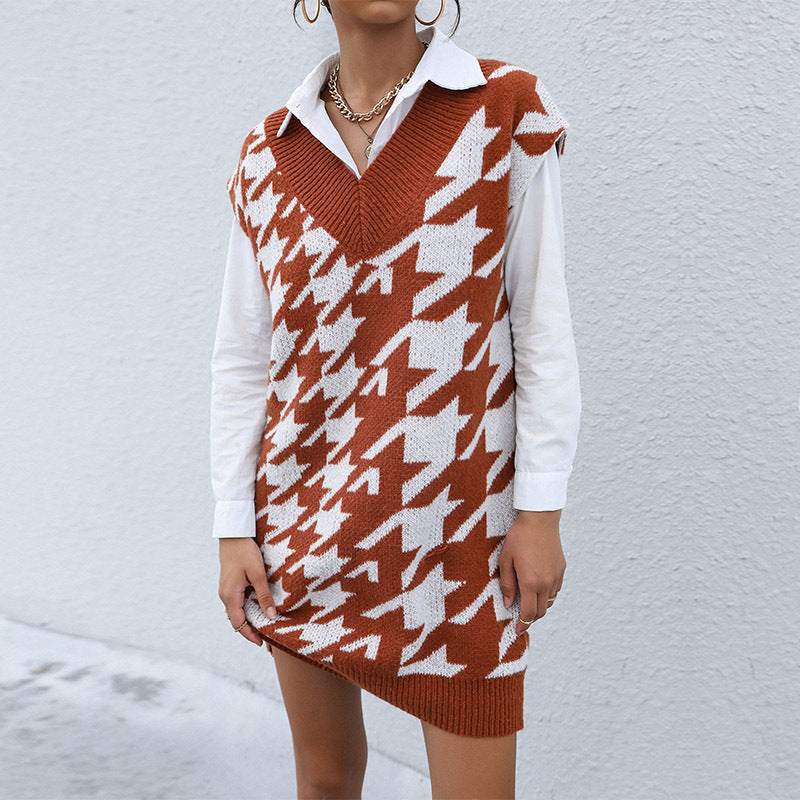 Damen Strickkleid mit auffälligem Hahnentrittmuster Drune