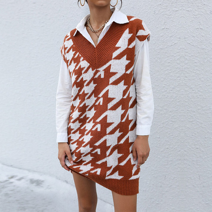 Damen Strickkleid mit auffälligem Hahnentrittmuster Drune