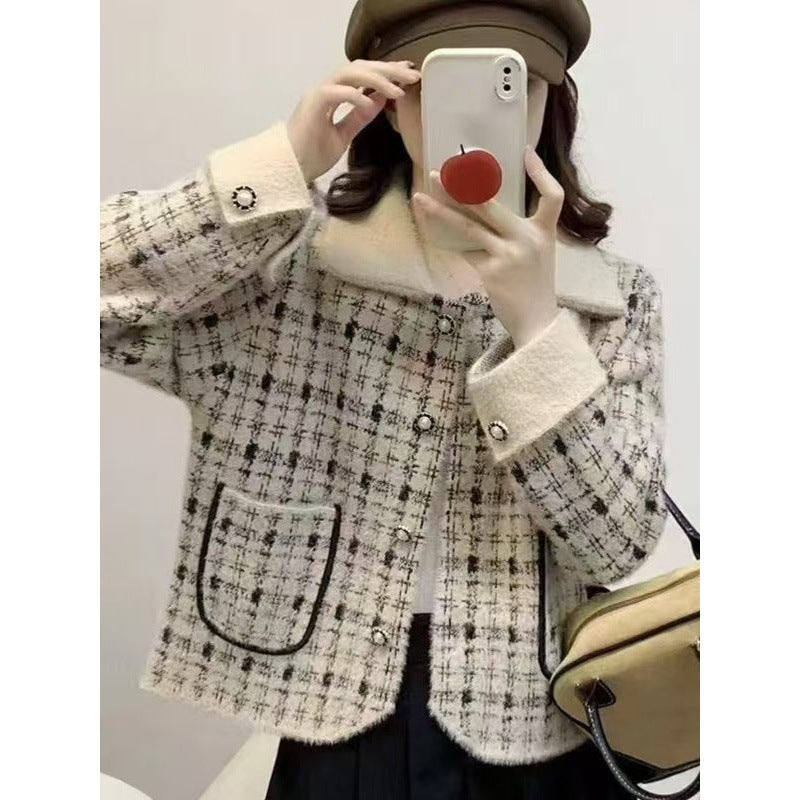 Damen elegante Bouclé-Jacke mit klassischem Karomuster und dekorativen Taschen Drune