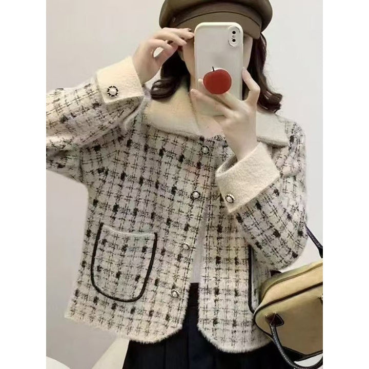 Damen elegante Bouclé-Jacke mit klassischem Karomuster und dekorativen Taschen Drune