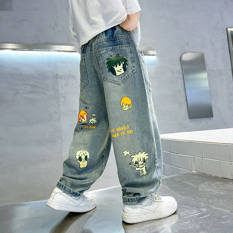 Jungen lässige Denim-Jeans mit buntem Comic-Design Drune