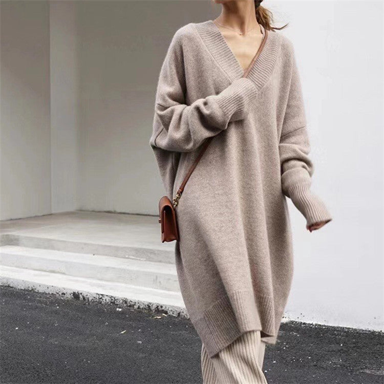Damen gemütliches Strickkleid mit V-Ausschnitt und langen Ärmeln Drune