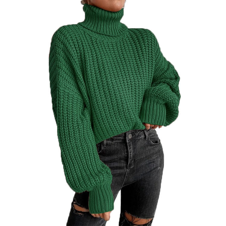 Damen Grob gestrickter Pullover mit hohem Kragen und weit ausgestellten Ärmeln Drune