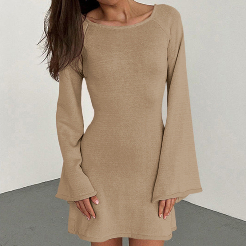 Damen lässiges Strickkleid mit weiten Ärmeln und Rundhalsausschnitt Drune