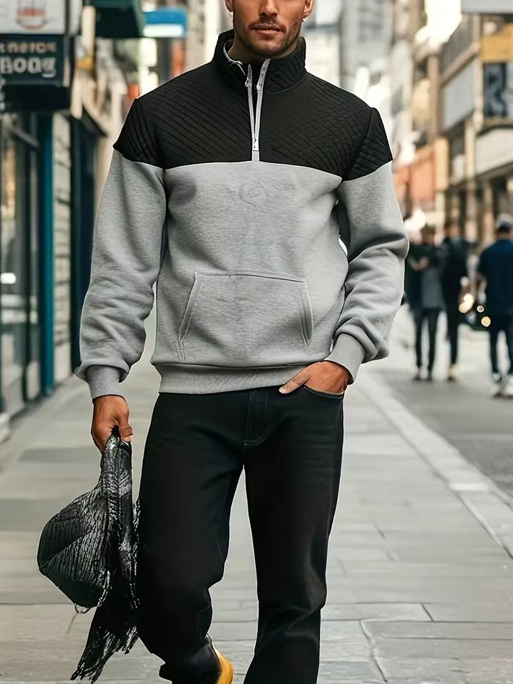 Herren nan Halbzip-Sweatshirt mit gesteppter Schulterpartie Kängurutasche und gerippten Bündchen Drune