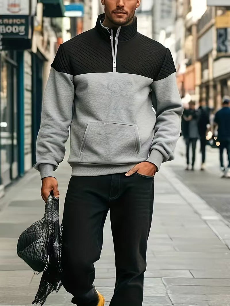 Herren nan Schulterpaneel-Halbzip-Sweatpullover mit gesteppter Schulterpartie und Kängurutasche Drune