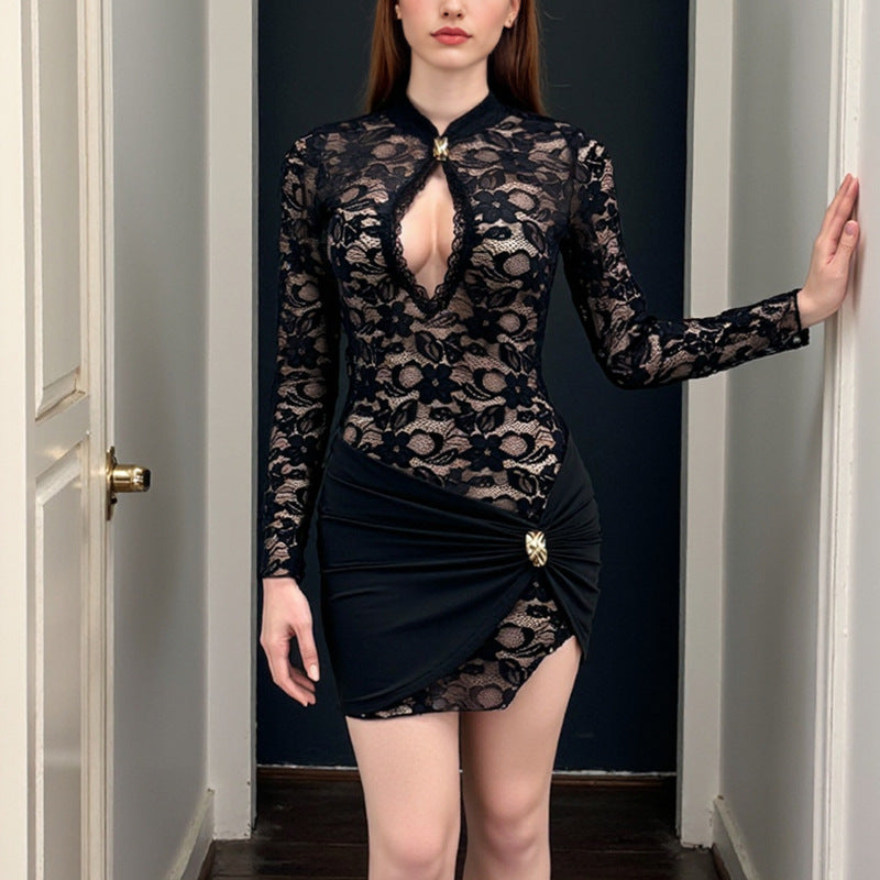 Damen verführerisches Spitzenkleid mit tiefem Ausschnitt und körperbetontem Design Drune