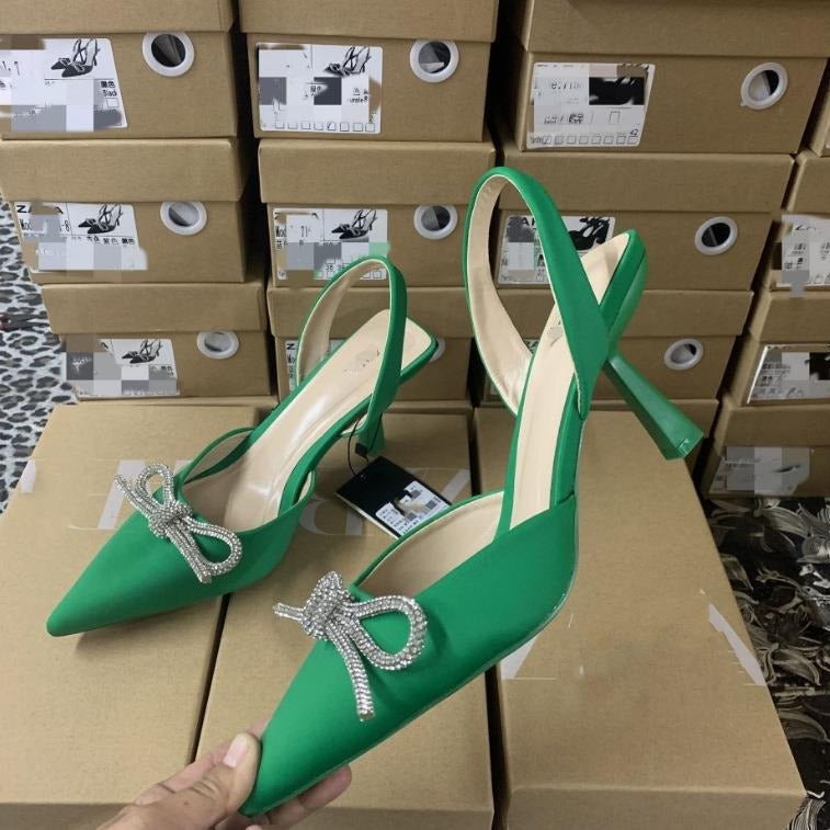 Damen nan elegante Slingback-Pumps mit spitzer Zehenkappe und funkelnder Strassschleife Drune
