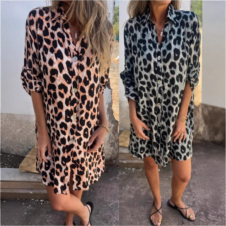 Damen Knopfleiste Leopardenmuster Hemdkleid Drune