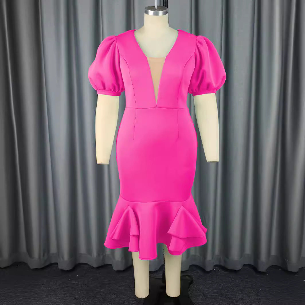 Damen figurbetontes Kleid mit voluminösen Puffärmeln und elegantem Rüschenabschluss Drune