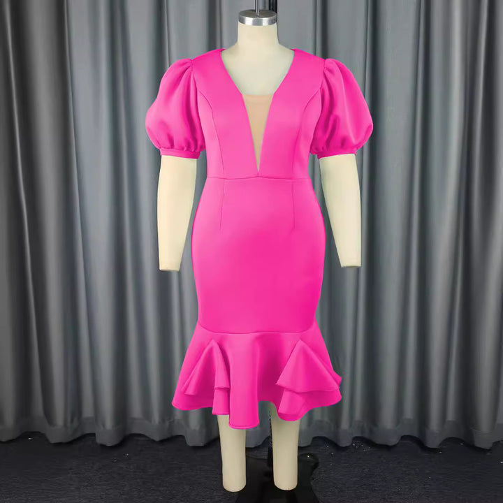 Damen figurbetontes Kleid mit voluminösen Puffärmeln und elegantem Rüschenabschluss Drune