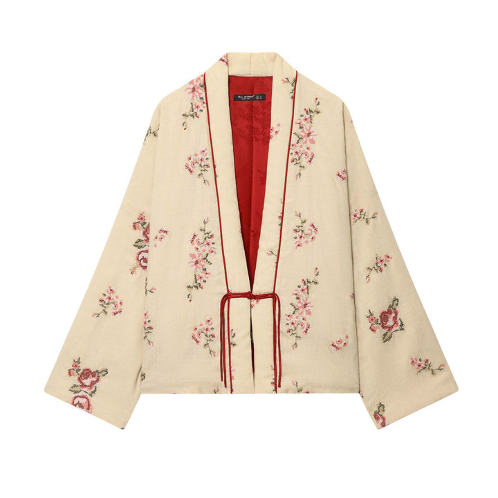 Damen Elegante kimono-inspirierte Jacke mit floraler Bestickung Drune