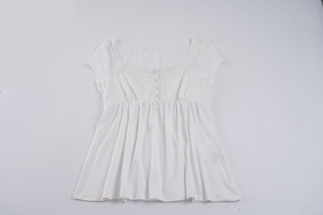 Damen lässiges T-Shirt mit Spitzenverzierung und Knopfdetails Drune