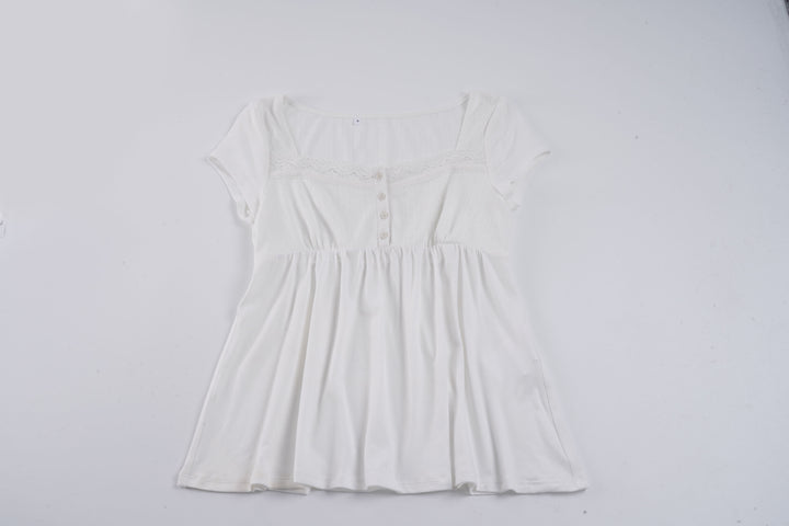 Damen lässiges T-Shirt mit Spitzenverzierung und Knopfdetails Drune