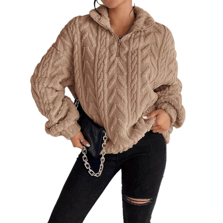 Damen gemütlicher Fleece-Pullover mit halbem Reißverschluss und strukturiertem Muster Drune