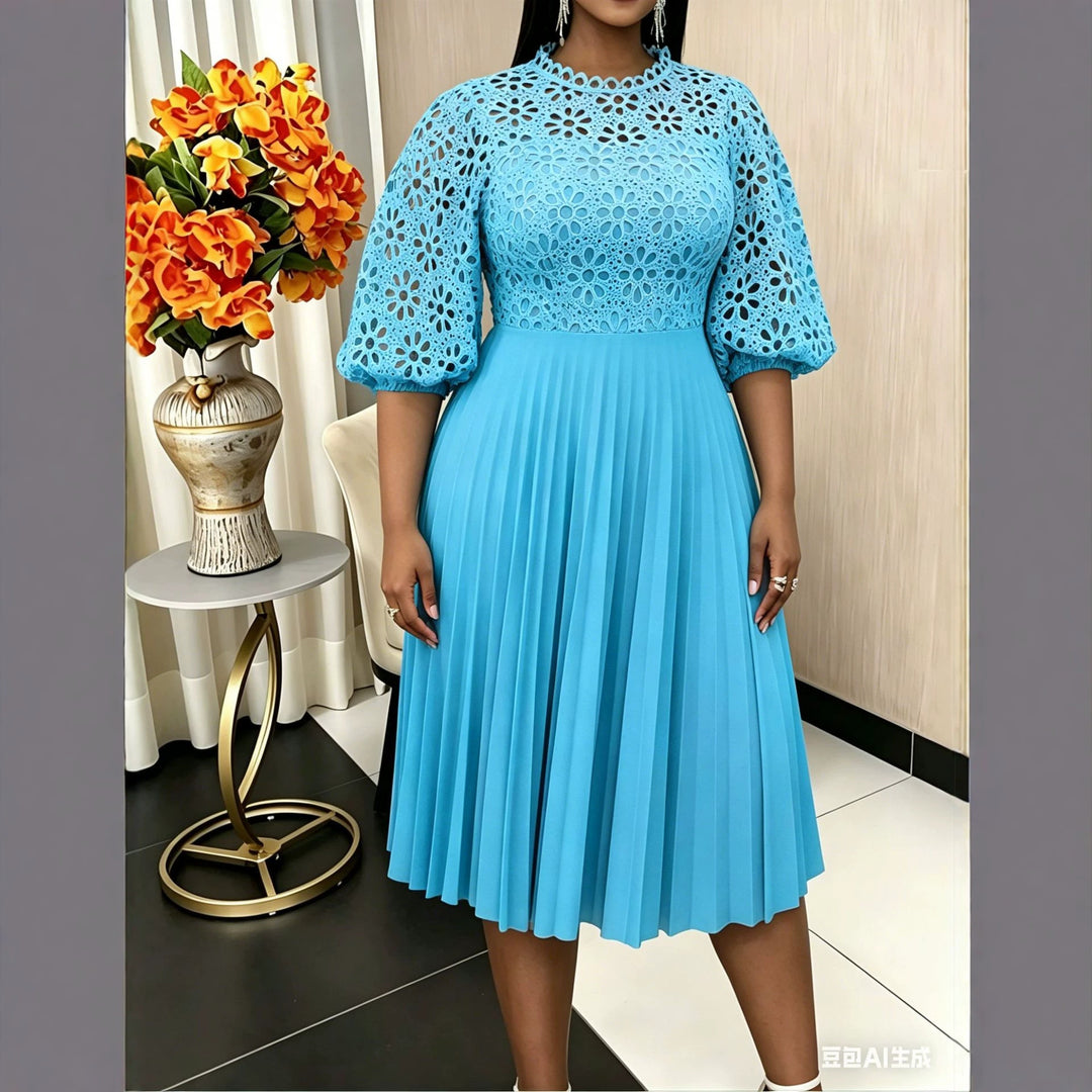 Damen elegantes Midikleid mit Spitzenoberteil und plissiertem Rock Drune