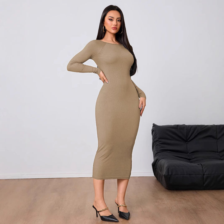 Damen figurbetontes Midi-Kleid mit elegantem Rundhalsausschnitt und langen Ärmeln Drune