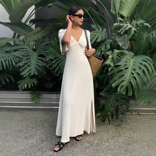 Damen Maxikleid mit fließenden Ärmeln und V-Ausschnitt Drune