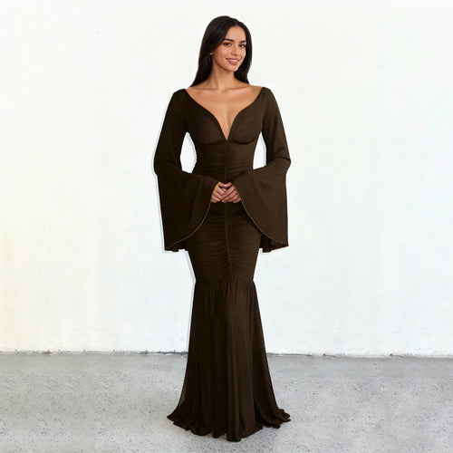 Damen nan gerafftes Maxikleid mit V-Ausschnitt, Trompetenärmeln und Stufenrüsche Drune
